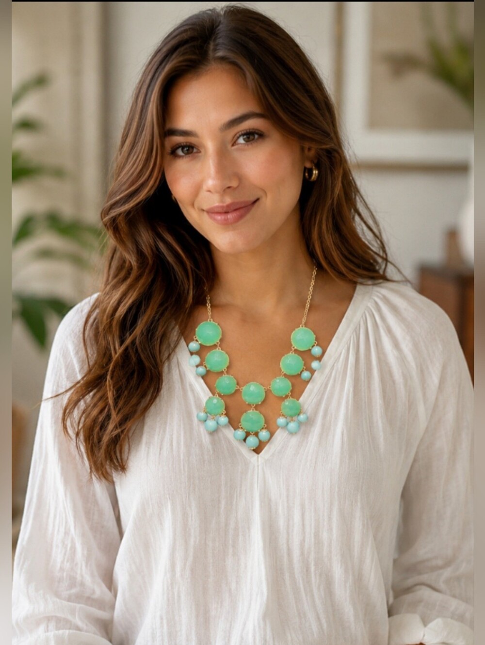 J.Crew Mint Green Statement Bib Necklace Gold Tone 40" + 7" Extender